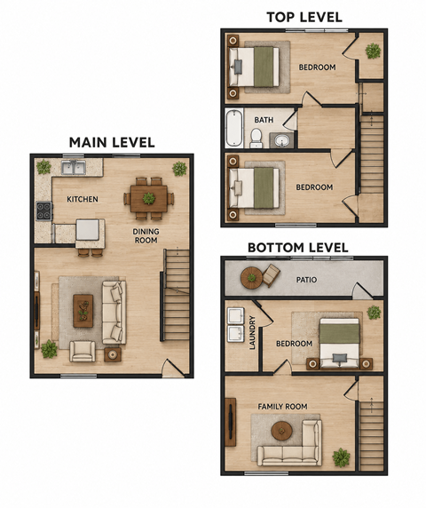 Floor plan for 3 beds, 2.5 baths, 1500 sqft